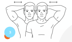 Boyun ağrısı için anahtar egzersiz: 3.adım:
Elinizi başınızın sağ yan tarafına koyun. Elinizle başınızı itmeye çalışırken aksi yönde direnç uygulayın ve harekete engel olun. Bu pozisyonda 5’e kadar sayıp gevşeyin. Aynı hareketi sol taraf için de tekrarlayın.